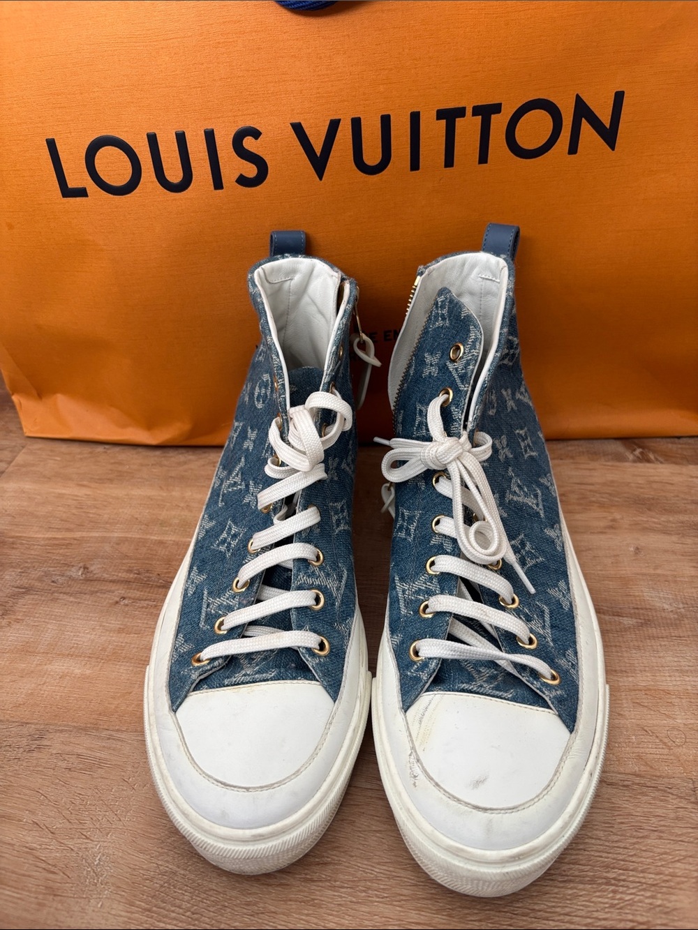 Louis Vuitton Denim Monogram High-Top Sneakers in Blue and White